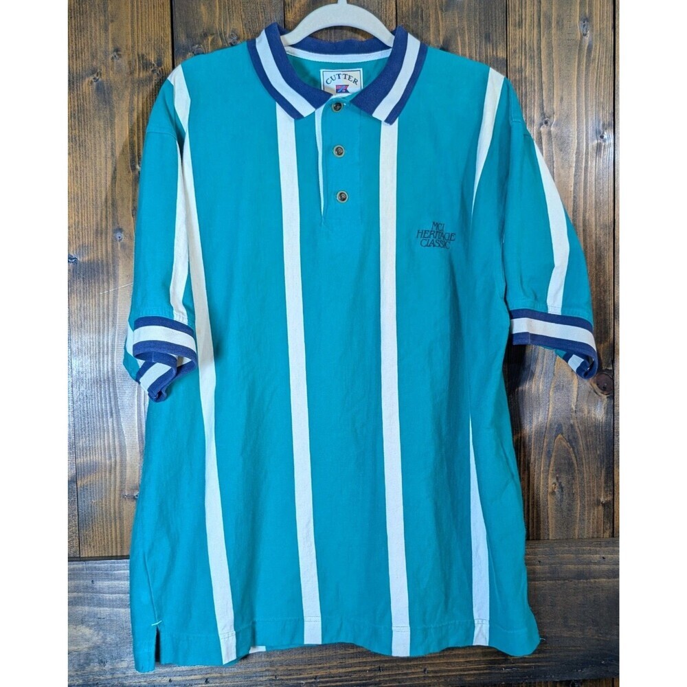 Vintage Cutter & Buck Polo Shirt Mens L Teal White Stripe MCI Heritage Classic